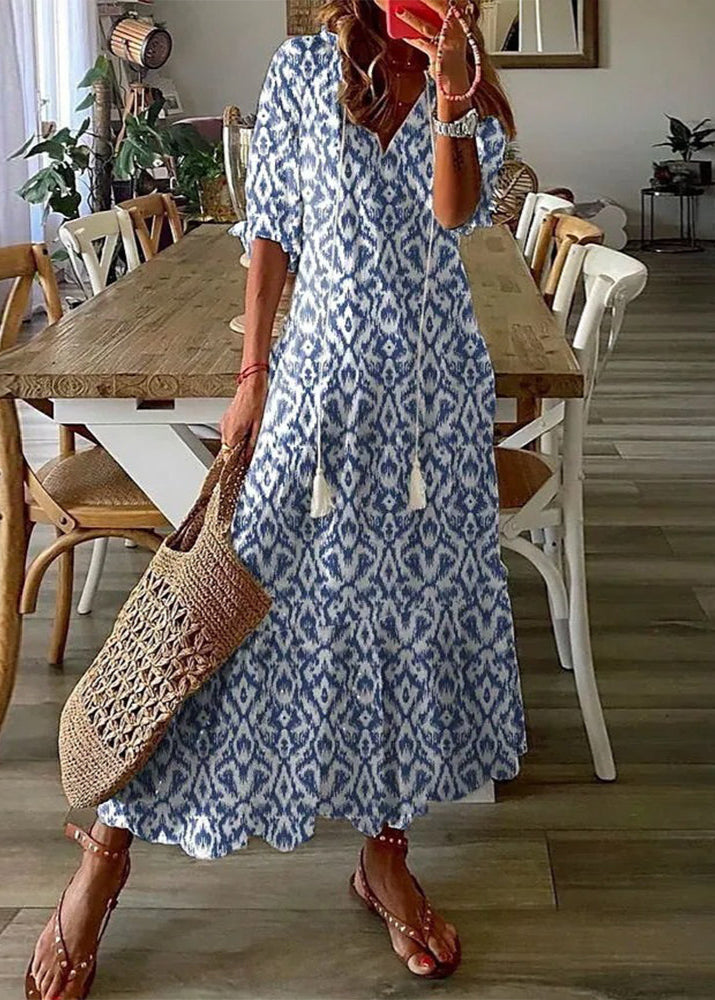 Kasey Sommerkjole til Kvinder – Let Lang Kjole med Blomstermønster, Taljebælte og 3/4-Ærmer