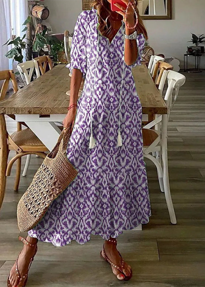 Kasey Sommerkjole til Kvinder – Let Lang Kjole med Blomstermønster, Taljebælte og 3/4-Ærmer