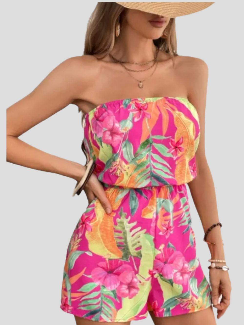 Lily Dame Jumpsuit – Sommeroutfit med Blomstret Print, Bustier og Komfortabel Elastisk Talje