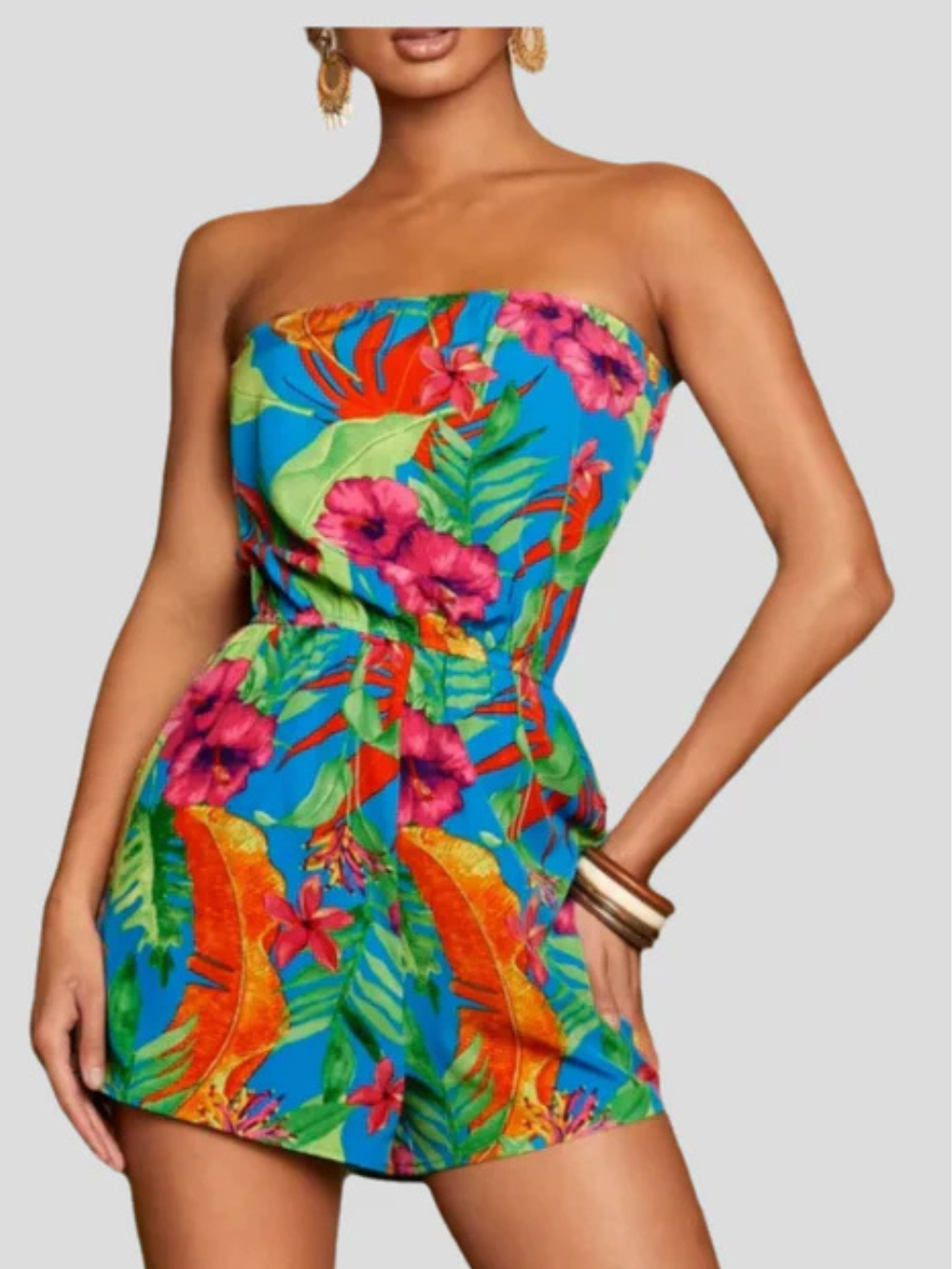Lily Dame Jumpsuit – Sommeroutfit med Blomstret Print, Bustier og Komfortabel Elastisk Talje