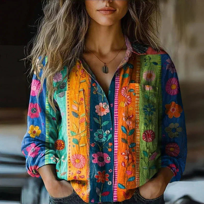Mira Vintage Damebluse – Let Bluse med Etnisk Print, Reverskrave & Lange Ærmer