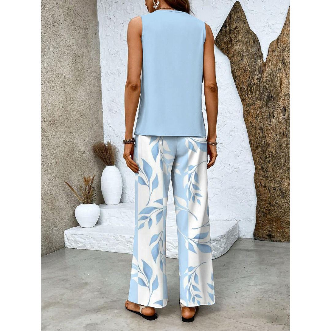 Dione Damesæt – Elegant Ærmeløst Sæt med Lagdelt Top og Brede Bukser.