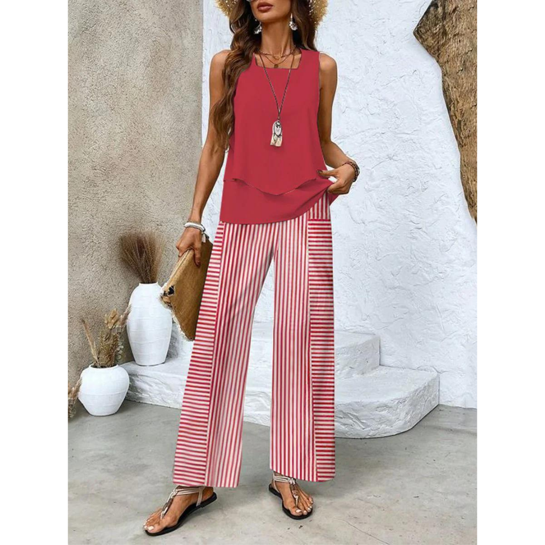 Dione Damesæt – Elegant Ærmeløst Sæt med Lagdelt Top og Brede Bukser.