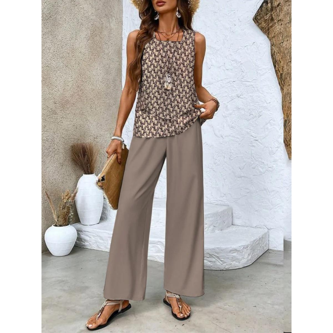 Dione Damesæt – Elegant Ærmeløst Sæt med Lagdelt Top og Brede Bukser.