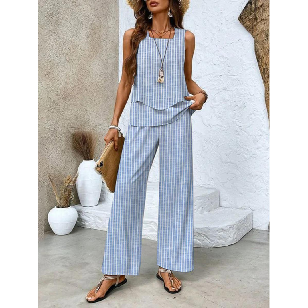 Dione Damesæt – Elegant Ærmeløst Sæt med Lagdelt Top og Brede Bukser.