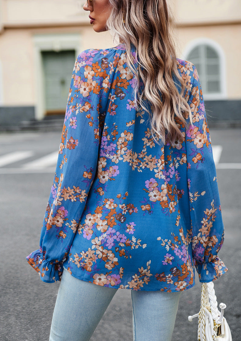 Aaliyah Dame Bluse – Let Blomstret Bluse med Lange Ærmer og V-Hals til Elegant Stil