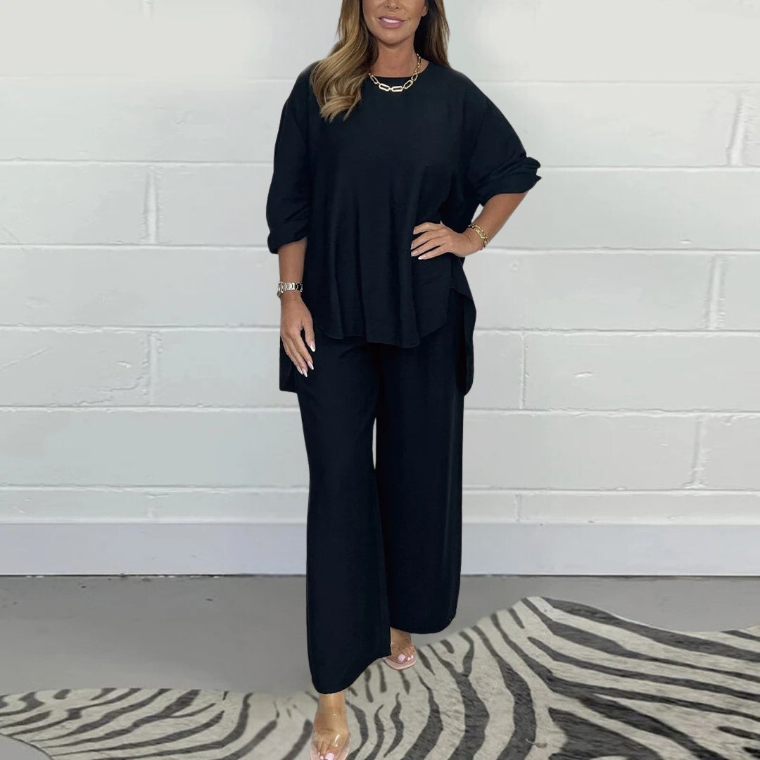 Skyler Dame Sommer Sæt – Elegant Top med Korte Ærmer & Brede Bukser i Luftigt Stof