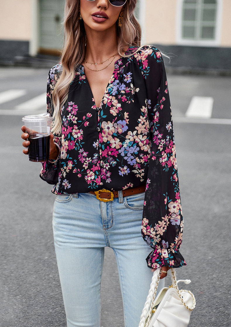 Aaliyah Dame Bluse – Let Blomstret Bluse med Lange Ærmer og V-Hals til Elegant Stil