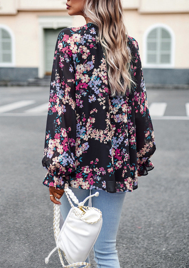 Aaliyah Dame Bluse – Let Blomstret Bluse med Lange Ærmer og V-Hals til Elegant Stil