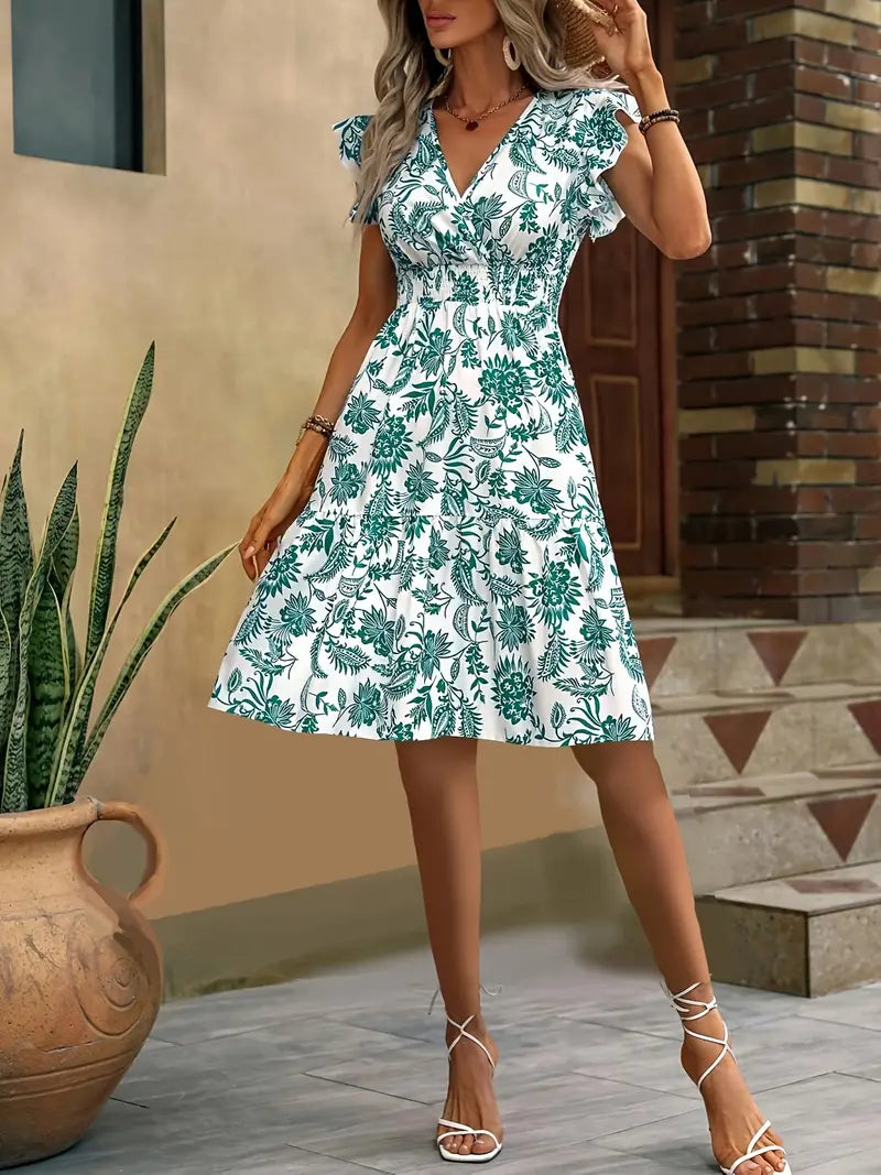 Lauren sommerkjole til kvinder – Elegant kjole med V-udskæring, flæser og taljefremhævning, perfekt til ferien