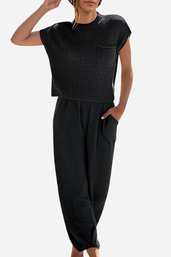Faye Laurent Dame Lounge Sæt – Komfortabelt 2-delt Sæt med T-shirt og Bukser med Høj Talje