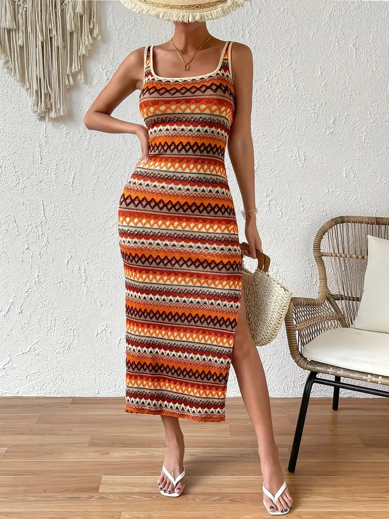 Sopia Dames Sommerkjole – Ærmeløs Stribet Kjole med Slids & Let Komfortabelt Design