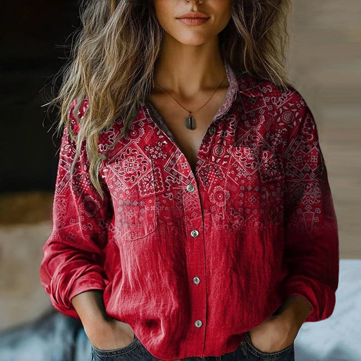 Mira Vintage Damebluse – Let Bluse med Etnisk Print, Reverskrave & Lange Ærmer