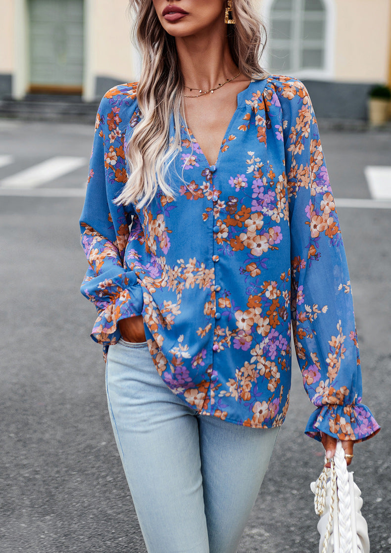 Aaliyah Dame Bluse – Let Blomstret Bluse med Lange Ærmer og V-Hals til Elegant Stil