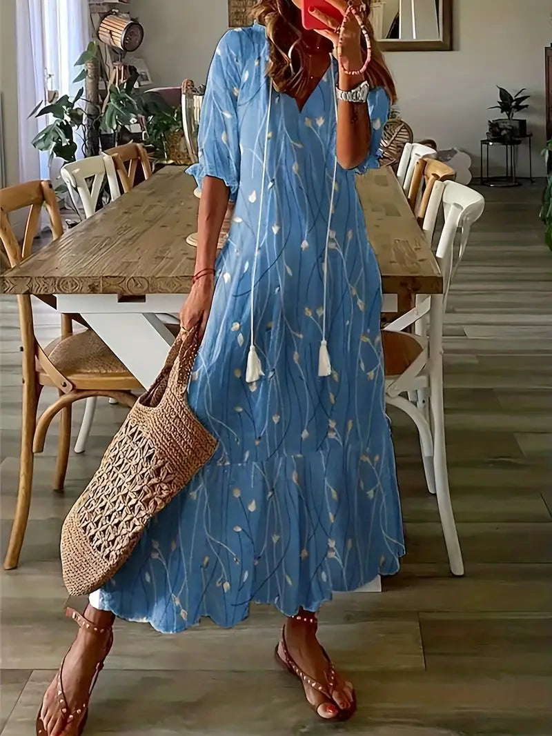 Sommerkjole til Kvinder Charm – Elegant Boho Kjole med Flæser, V-udskæring & Ikat-mønster
