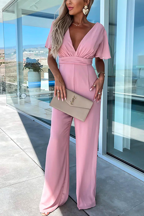 Sara Dame Jumpsuit – Moderne Jumpsuit med V-Hals, Flæser og Vide Ben i Bomuldsblanding