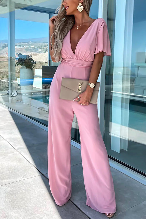 Sara Dame Jumpsuit – Moderne Jumpsuit med V-Hals, Flæser og Vide Ben i Bomuldsblanding