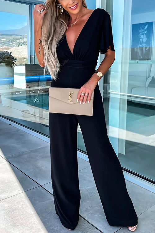 Sara Dame Jumpsuit – Moderne Jumpsuit med V-Hals, Flæser og Vide Ben i Bomuldsblanding