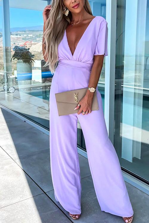 Sara Dame Jumpsuit – Moderne Jumpsuit med V-Hals, Flæser og Vide Ben i Bomuldsblanding
