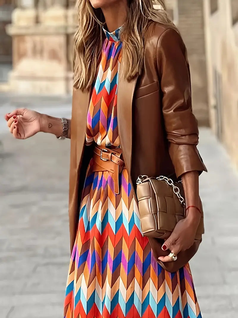 Molly Dame Midi Kjole – Elegant Kjole med Puffærmer, Mønster og Høj Hals