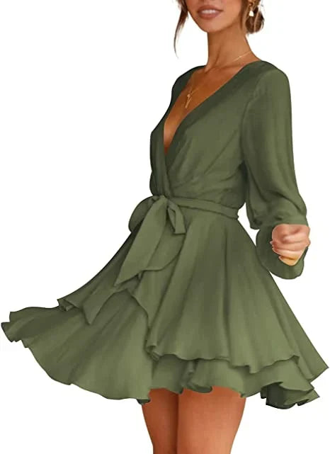 Cléo Dames Swingkjole – Casual Mini Kjole med V-hals, Bindebånd & Lange Ærmer