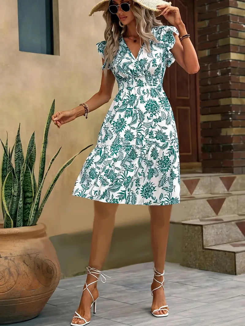 Lauren sommerkjole til kvinder – Elegant kjole med V-udskæring, flæser og taljefremhævning, perfekt til ferien