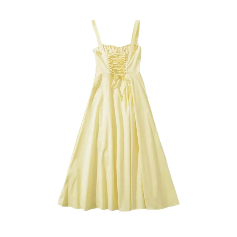 Luciana Dame Kjole – Fransk Knælængde Kjole med Høj Talje, A-form og Kunstlæder