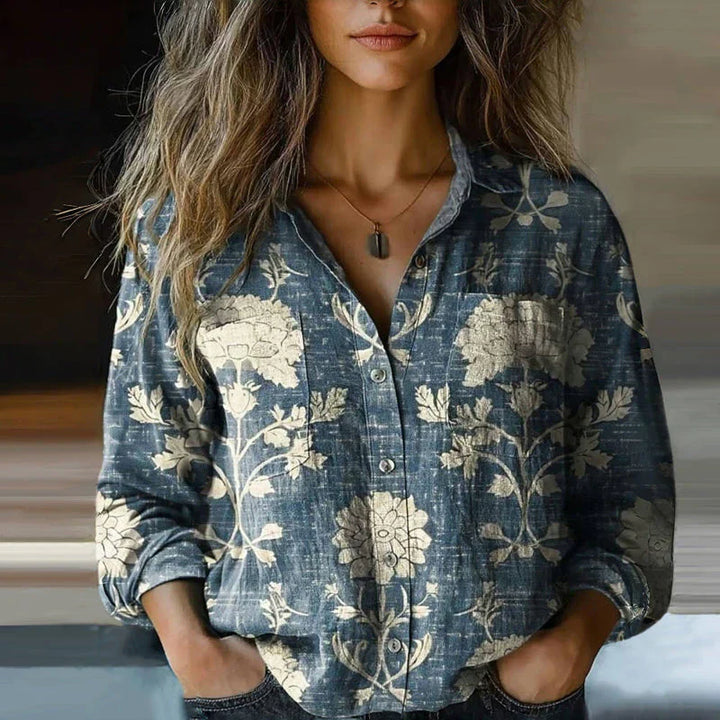 Mira Vintage Damebluse – Let Bluse med Etnisk Print, Reverskrave & Lange Ærmer