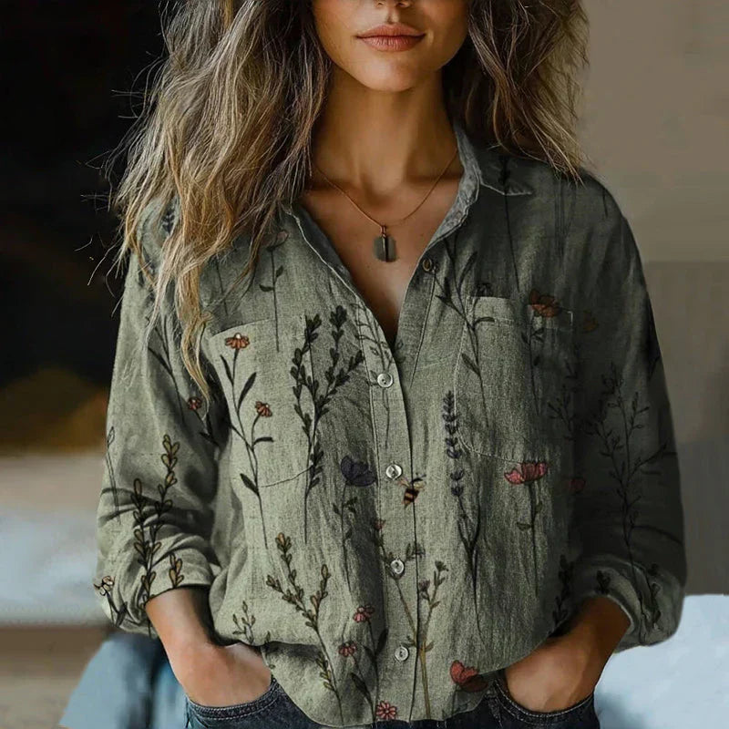 Mira Vintage Damebluse – Let Bluse med Etnisk Print, Reverskrave & Lange Ærmer