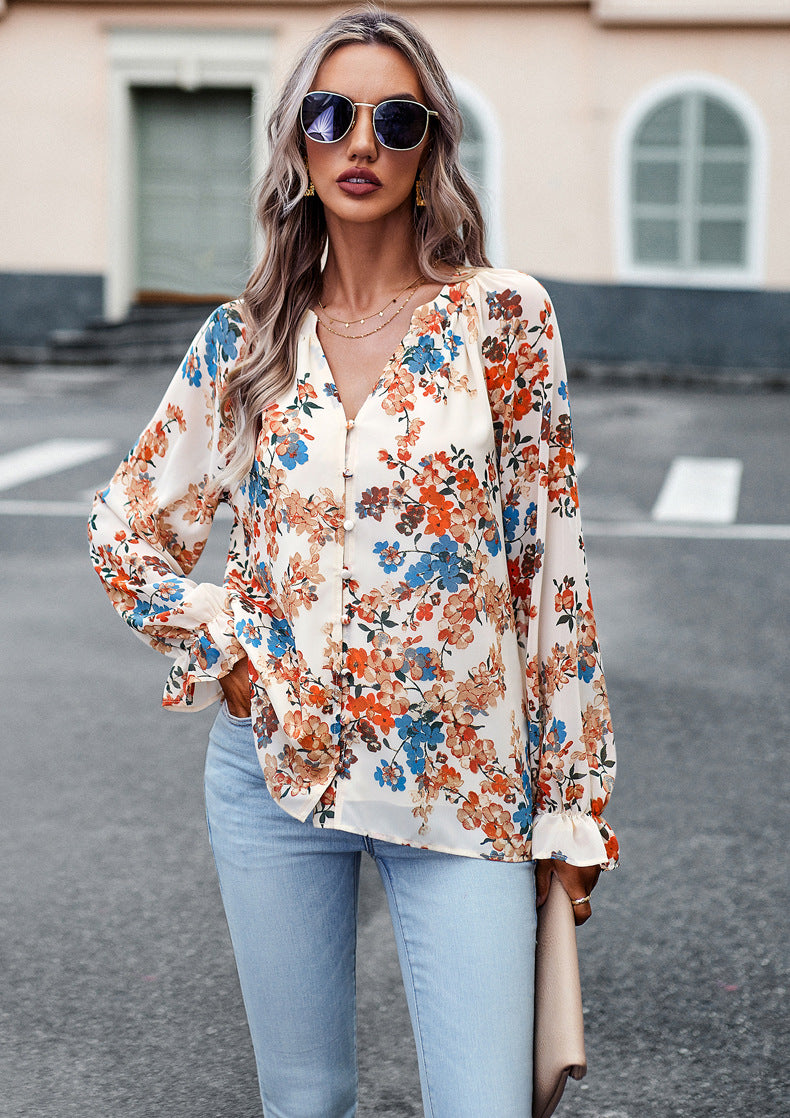 Aaliyah Dame Bluse – Let Blomstret Bluse med Lange Ærmer og V-Hals til Elegant Stil