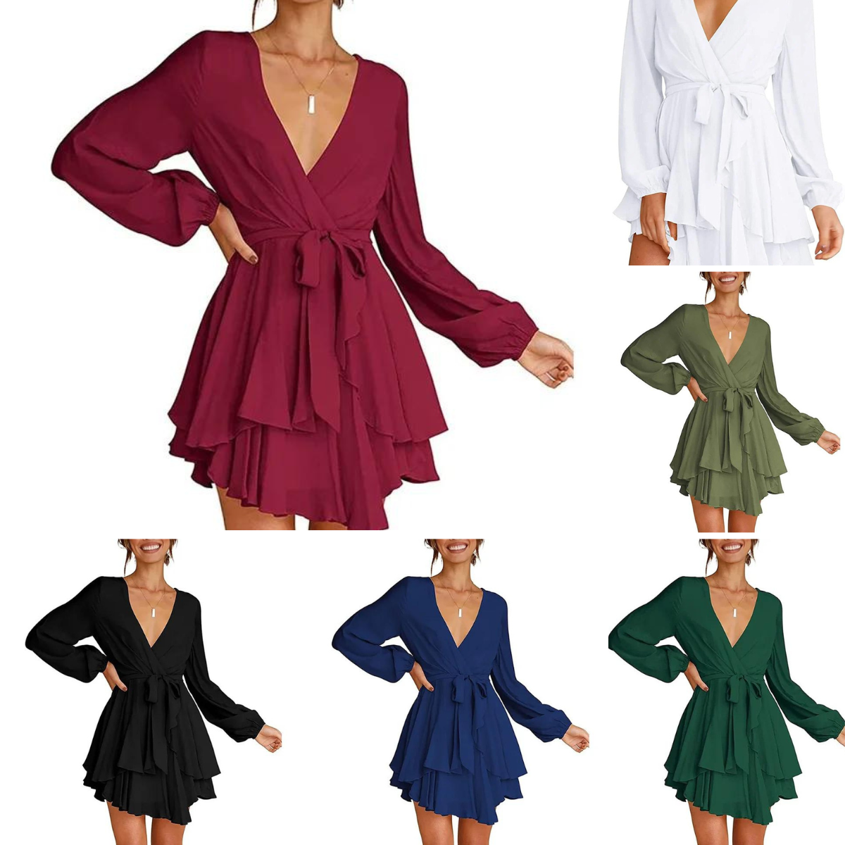 Cléo Dames Swingkjole – Casual Mini Kjole med V-hals, Bindebånd & Lange Ærmer