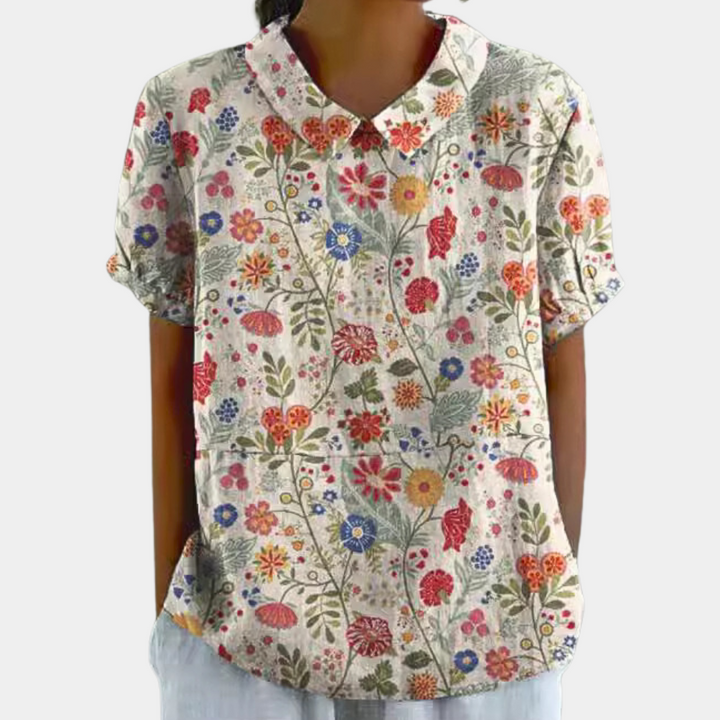 Bruna Damebluse – Afslappet Kortærmet Top med Blomstret Landligt Print og Rund Hals