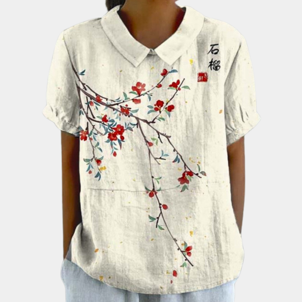Bruna Damebluse – Afslappet Kortærmet Top med Blomstret Landligt Print og Rund Hals