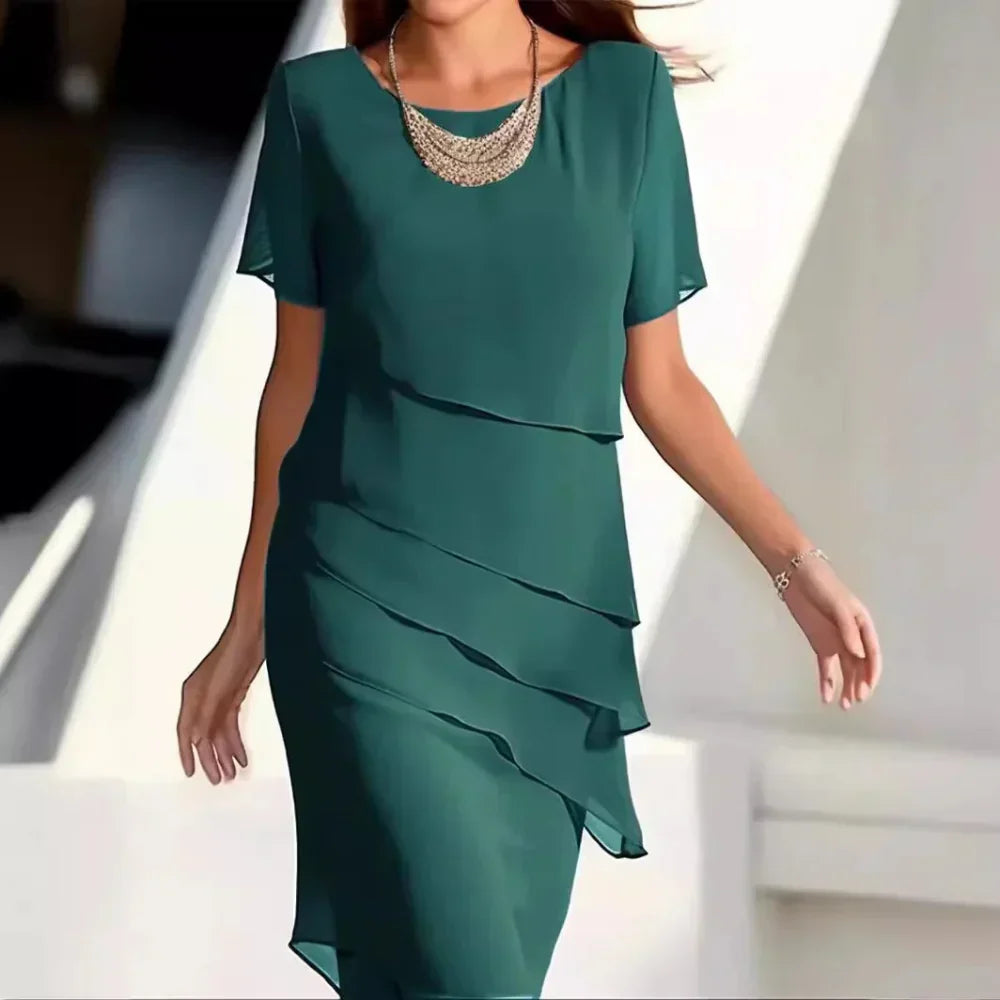 Elena Midikjole til Kvinder – Elegant Chiffonkjole med Lagdelt Design og Raffinerede Detaljer