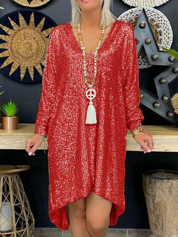 Natalie Aftenkjole til Kvinder – Løs Kjole med Pallietter og Lange Ærmer til Elegante Aftener