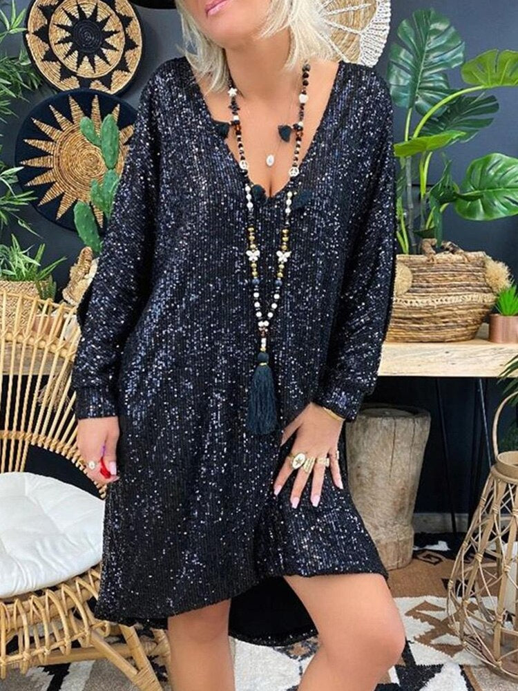 Natalie Aftenkjole til Kvinder – Løs Kjole med Pallietter og Lange Ærmer til Elegante Aftener