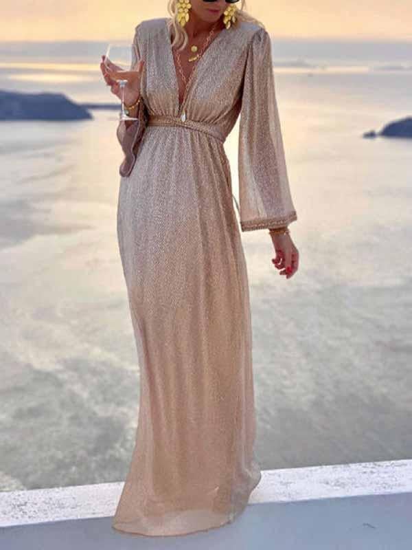 Sarai Dame Aftenkjole – Lang kjole i glinsende materiale med elegante ærmer og en slankende pasform