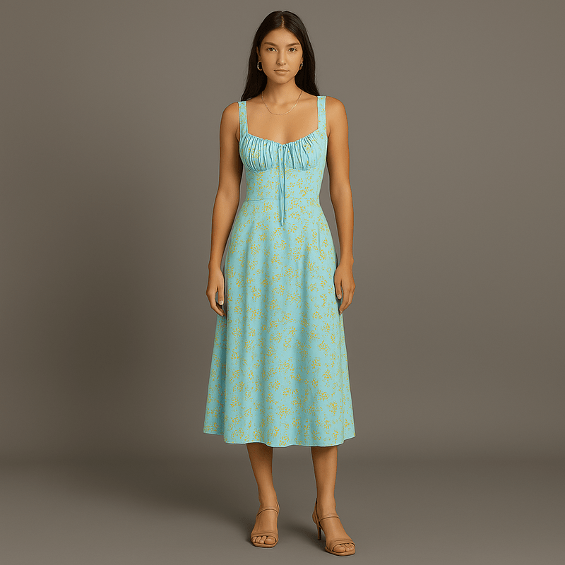 Emelie Dame Midi Kjole – Romantisk Blomstret Kjole med Justerbare Stropper og Empire Talje