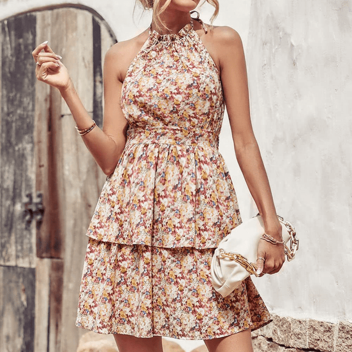 Elle Dame Mini Kjole – Ærmeløs Blomsterkjole med Flæser & Høj Hals til Sommerlooks