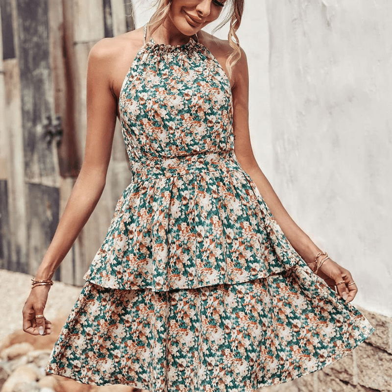 Elle Dame Mini Kjole – Ærmeløs Blomsterkjole med Flæser & Høj Hals til Sommerlooks