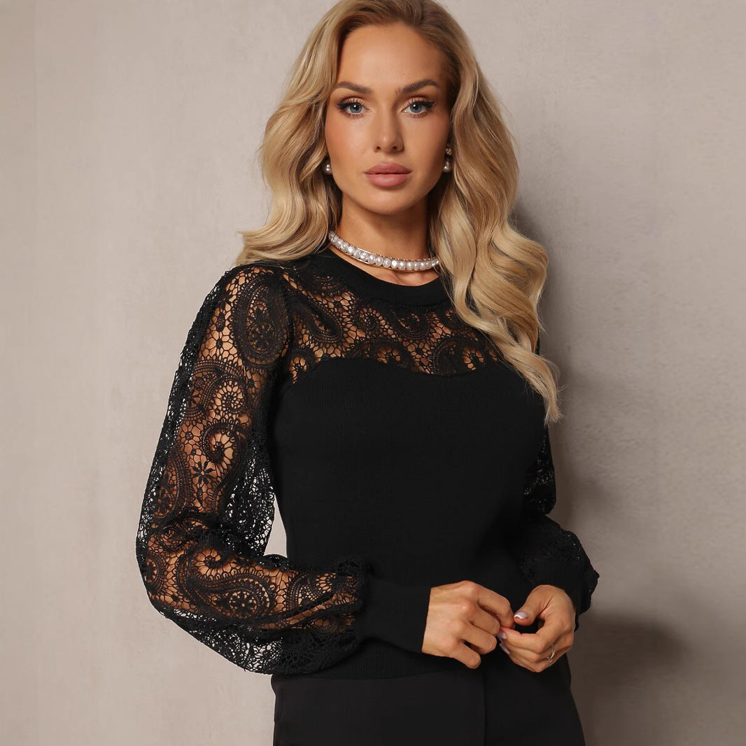 Eliana Striktrøje til Kvinder – Ajourstrik med Blonder, Lange Ærmer & Elegant Snit