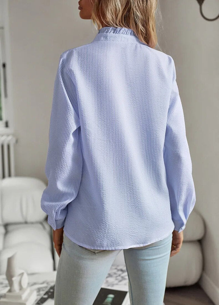 Lisbeth Damebluse – Elegant Bluse med Lange Ærmer, Ståkrave og Løst Snit
