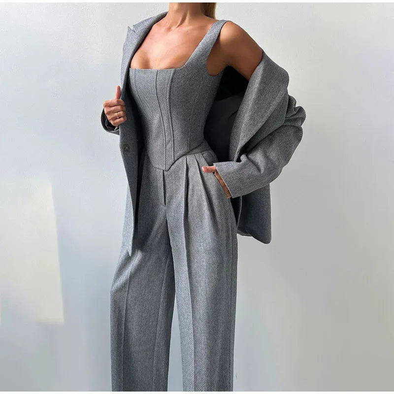 Sophie Dame 3-delt Sæt – Elegant Blazer, Korset og Højtaljede Bukser til Business og Stilfulde Looks