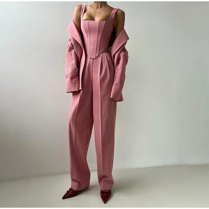 Sophie Dame 3-delt Sæt – Elegant Blazer, Korset og Højtaljede Bukser til Business og Stilfulde Looks