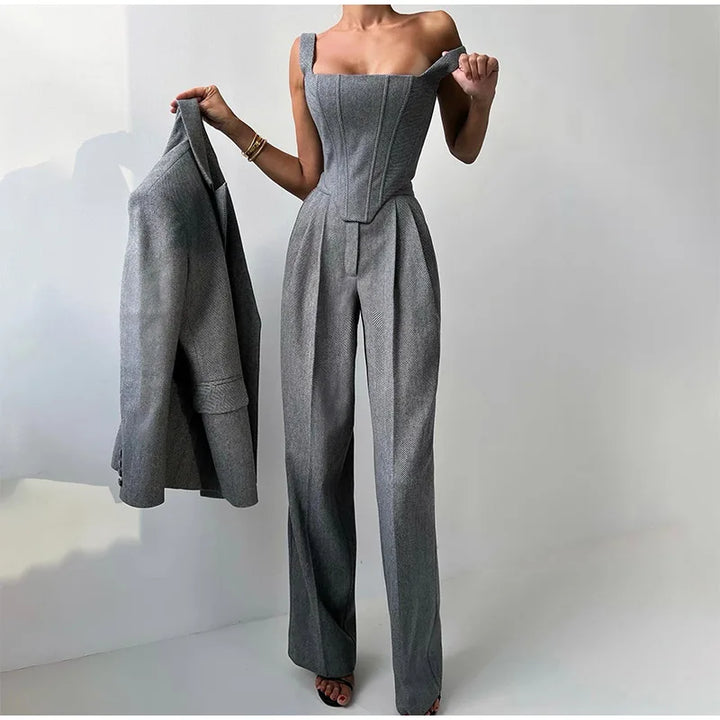 Sophie Dame 3-delt Sæt – Elegant Blazer, Korset og Højtaljede Bukser til Business og Stilfulde Looks