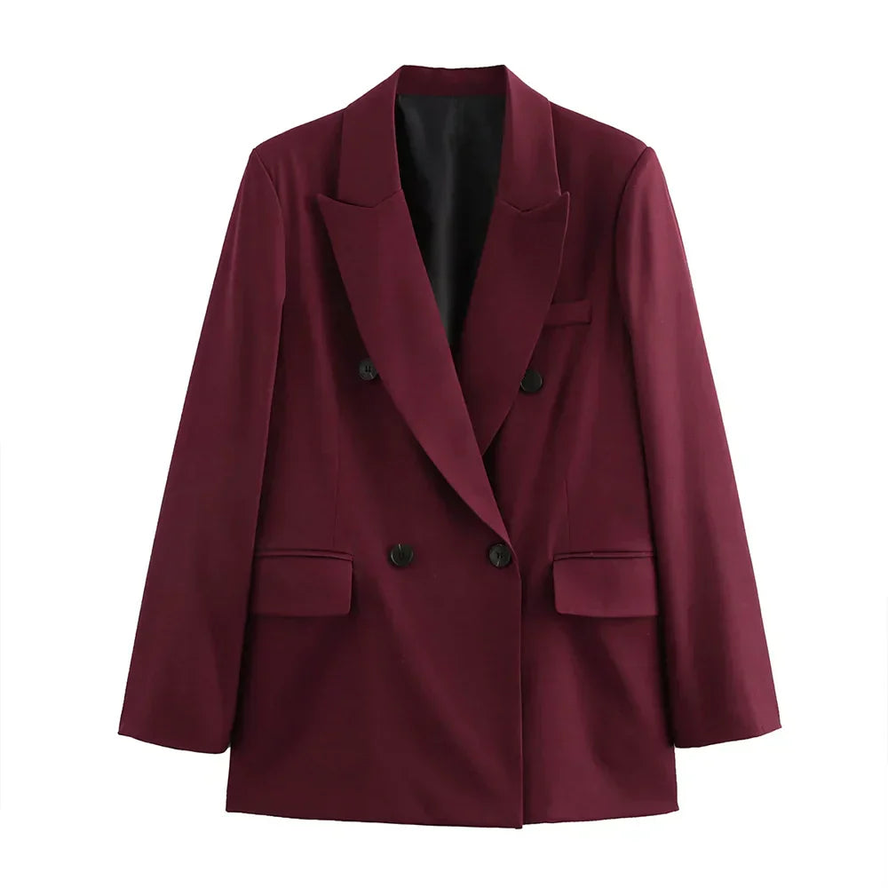 Victoria Dame Blazer – Elegant Bordeaux Dobbeltknappet Blazer med Taljeret Snit