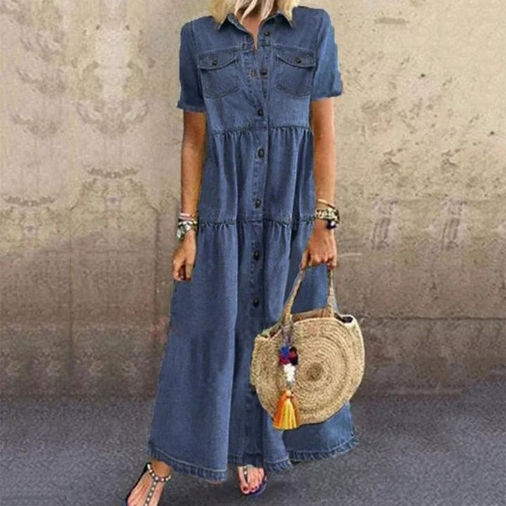 Denimkjole Rebecca til Dame – Komfortabel jeanskjole med flæser, slankende effekt og luksuriøst look