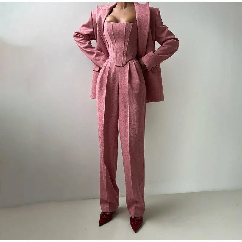 Sophie Dame 3-delt Sæt – Elegant Blazer, Korset og Højtaljede Bukser til Business og Stilfulde Looks