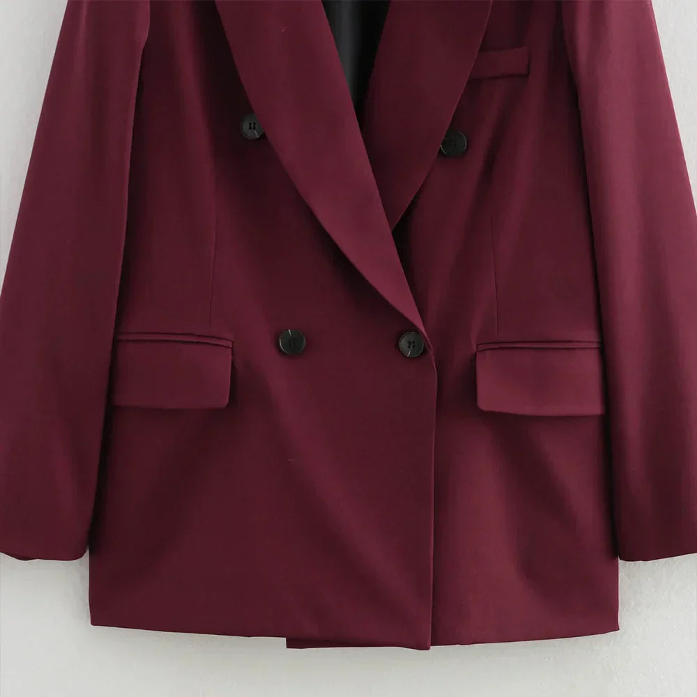 Victoria Dame Blazer – Elegant Bordeaux Dobbeltknappet Blazer med Taljeret Snit