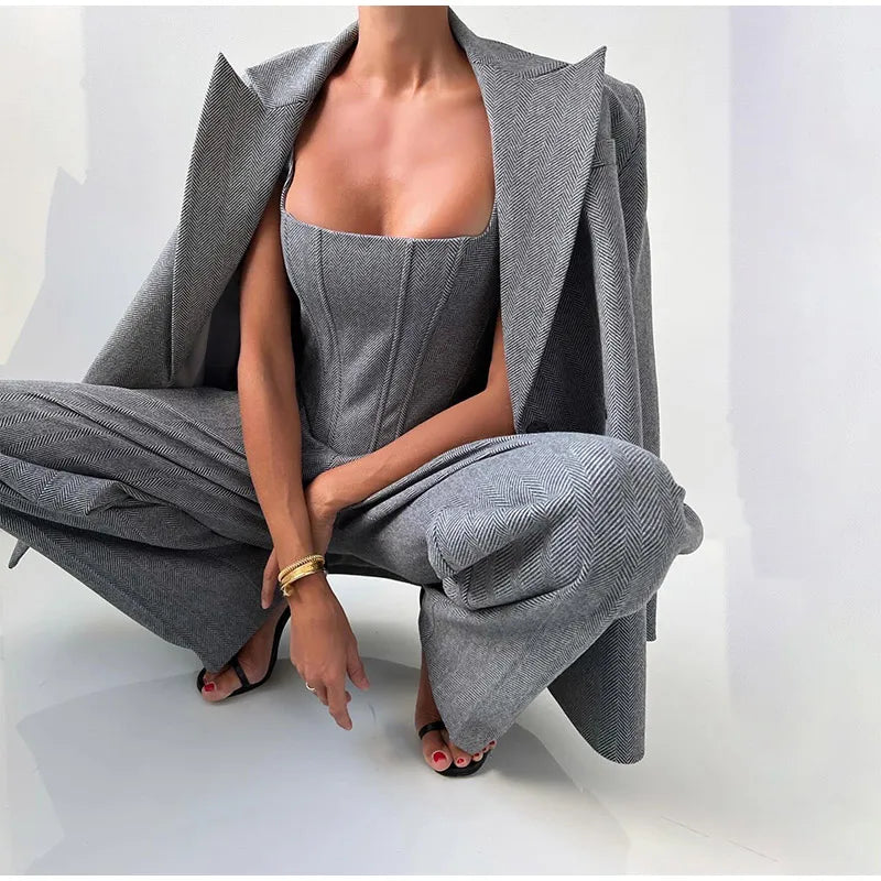 Sophie Dame 3-delt Sæt – Elegant Blazer, Korset og Højtaljede Bukser til Business og Stilfulde Looks